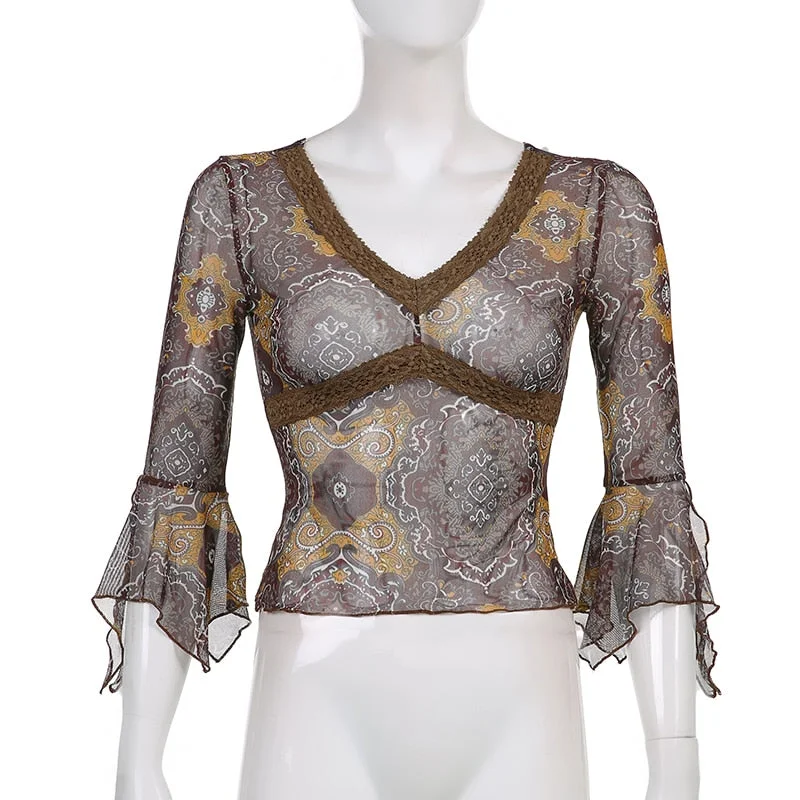 Rapcopter Lace Floral Crop Top Aesthetic y2k T Shirt Grunge Vintage V Neck Autumn Pullovers Women Harajuku Cute Tshirt Korean