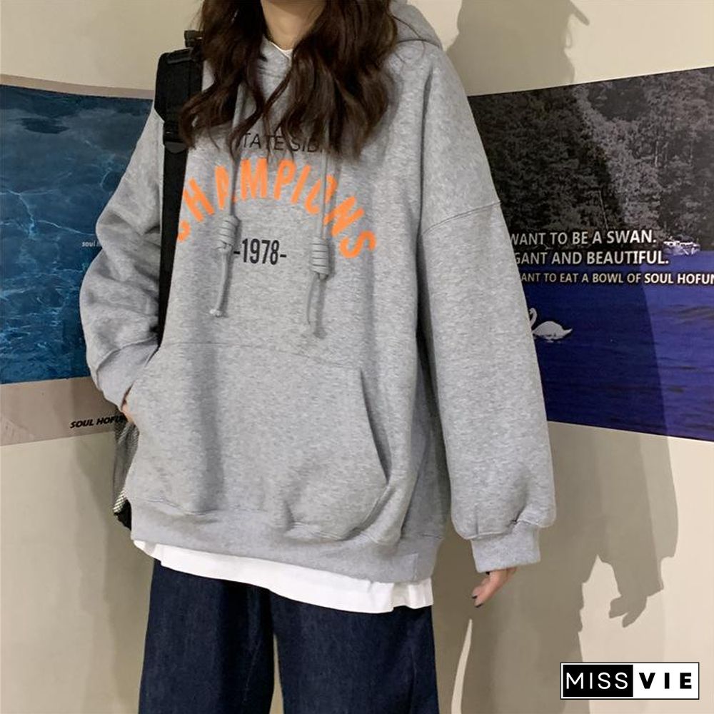 Hoodies Women New Loose Korean Student Blouse Harajuku Style Printing Plus Cashmere Hooded Woman Clothes Ladies Pullovers