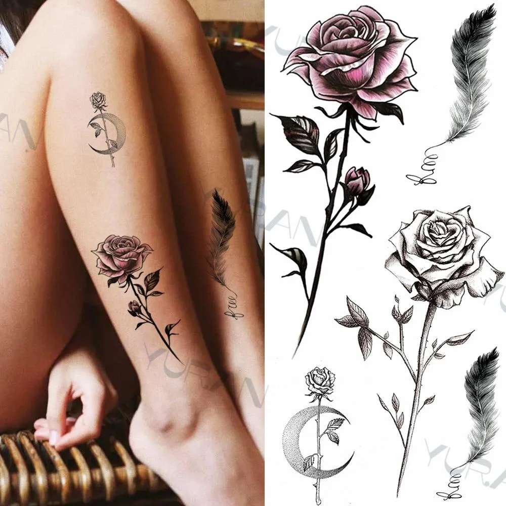 Black Large Snake Flower Fake Tattoo Sticker For Women Dot Rose Peony Temporary Tattoos DIY Water Transfer Tatoos Girls 1029