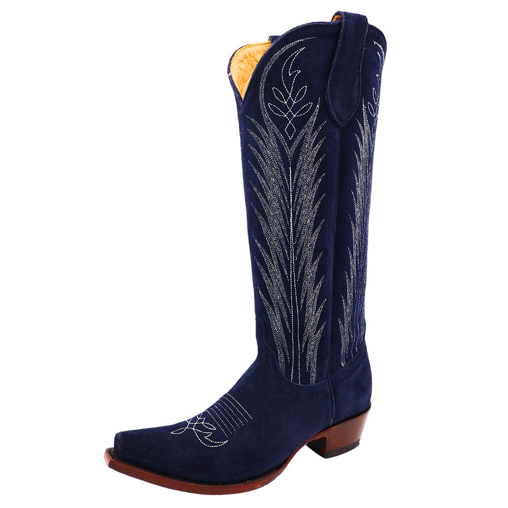 Navy Snip Toe Block Heel Embroidered Knee High Cowboy Boots for Women