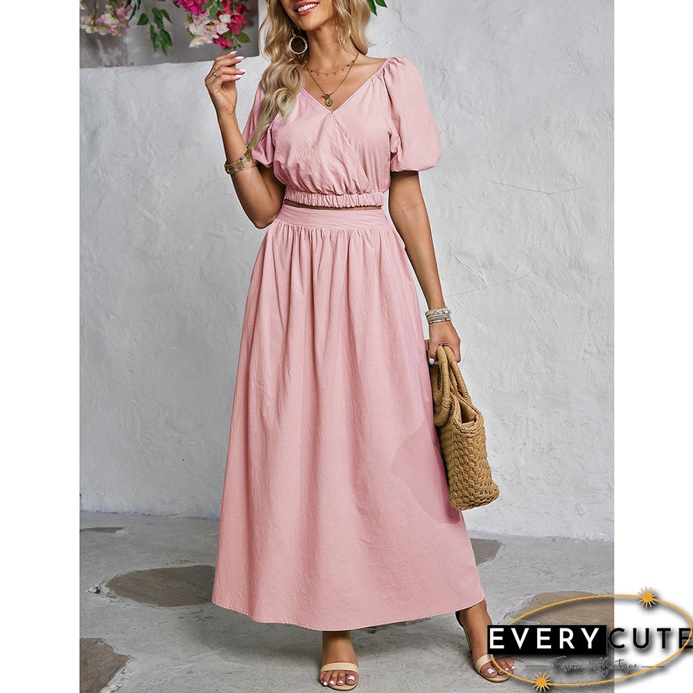Pink V Neck Crop Top and Pocket Skirt Set
