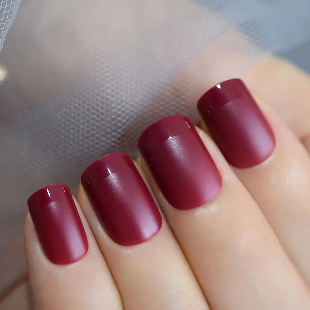 Natural Faux Ongles Dark Maroon Red Gorgeous French Tip Glossy Top Square Medium Size Tips for Daily
