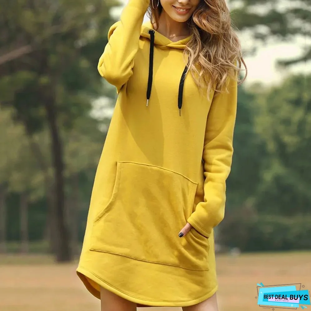 Casual Loose Solid Women Hoodies Long Style Sweatshirt Casual Pocket Oversized Hoodie kpop Hoody Dress Pullover