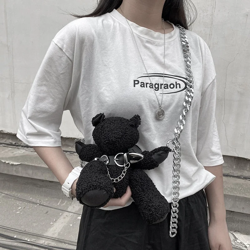 Luxury Designer Handbag for Women 2022 Fashion Girls Cute Black Plush Doll Bear Purse Chain Zipper Casual Crossbody Shoulder Bag