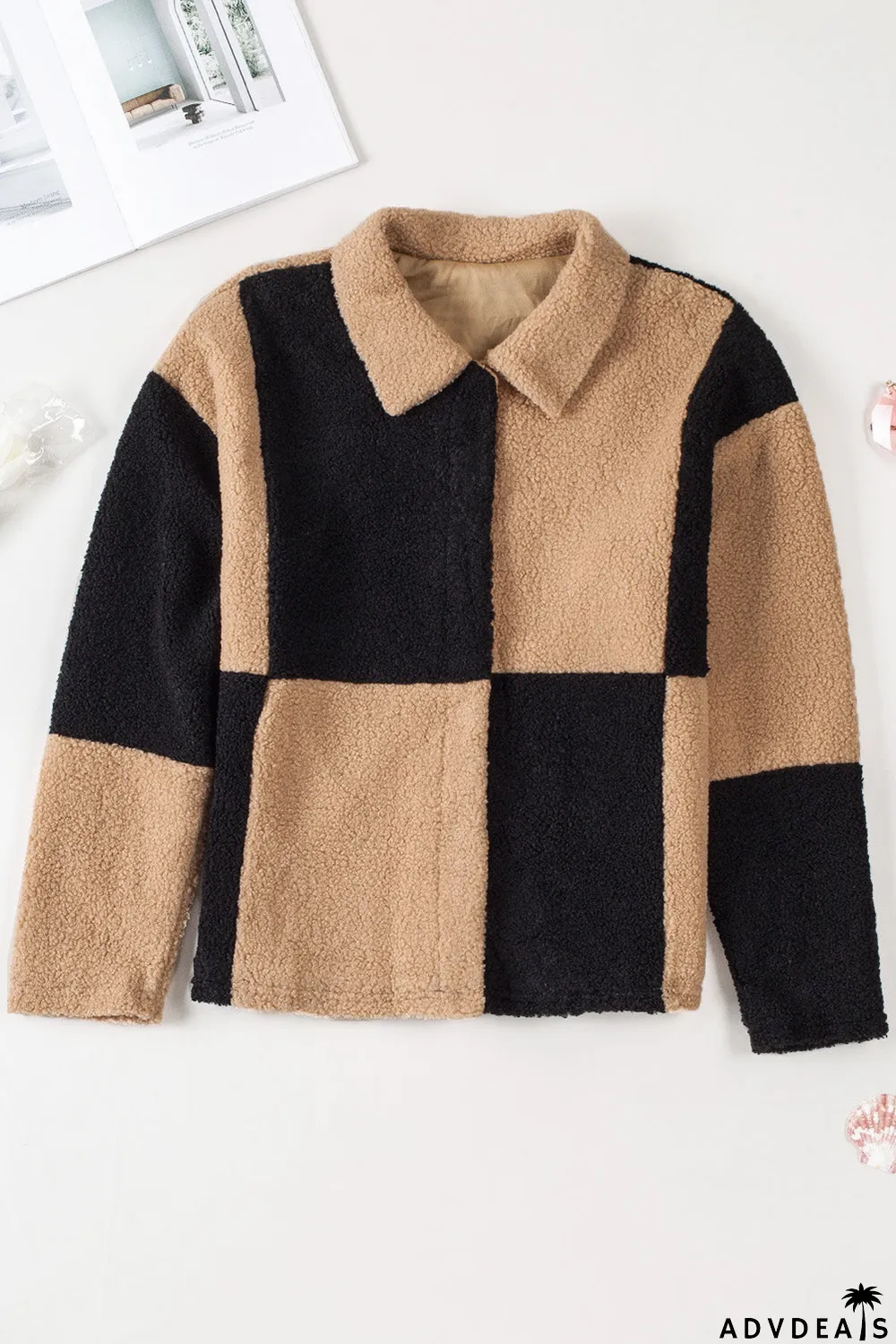 Colorblock Checkered Sherpa Jacket
