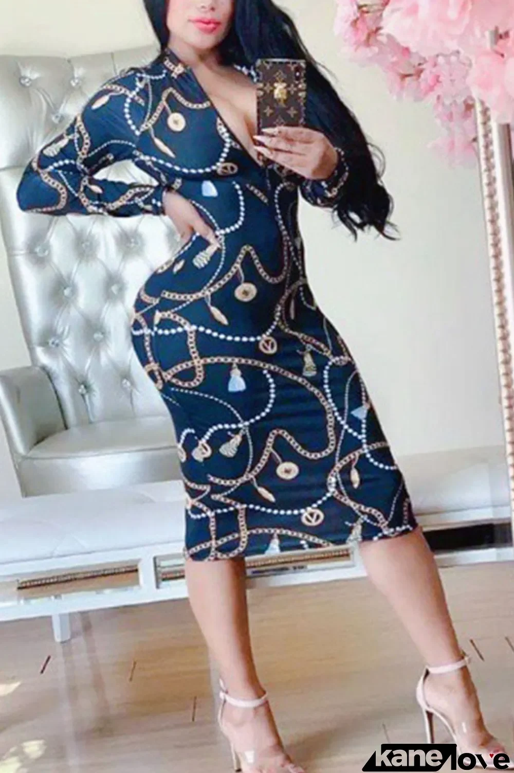 Navy Blue Sexy England Long Sleeves V Neck Step Skirt Knee-Length Print Dresses