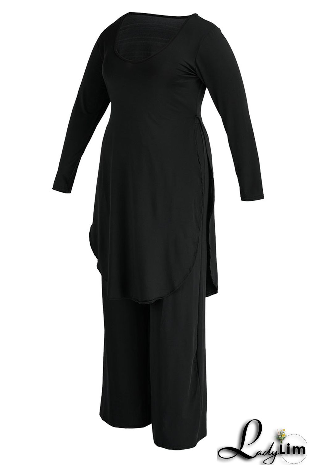 Black Casual Solid Patchwork Slit O Neck Plus Size Two Pieces