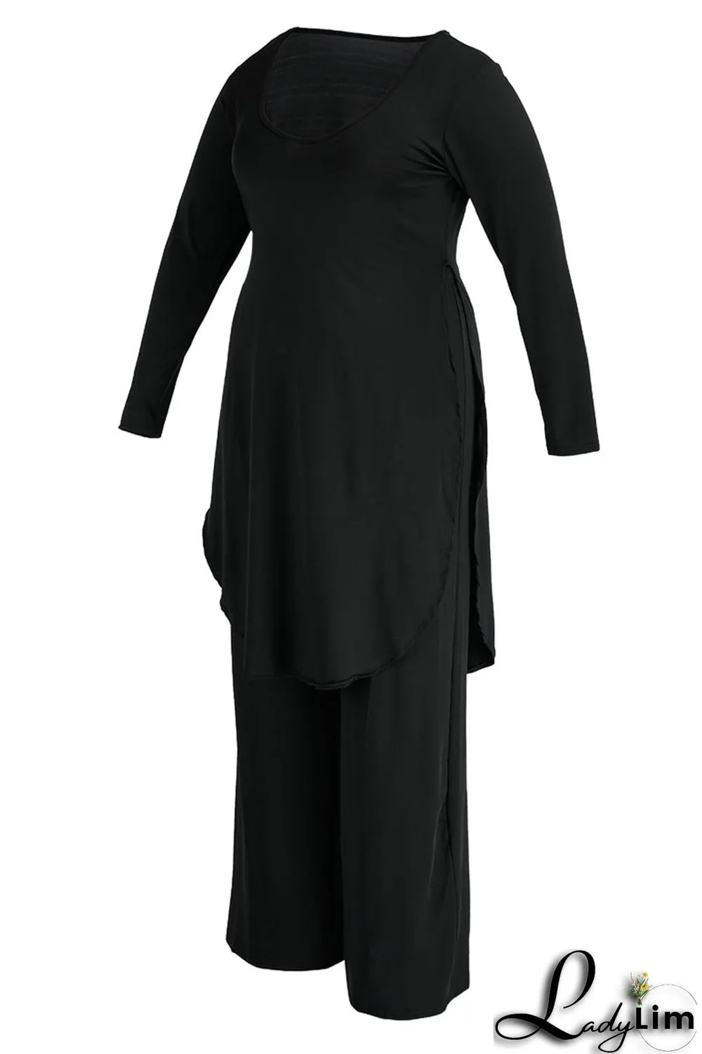Black Casual Solid Patchwork Slit O Neck Plus Size Two Pieces