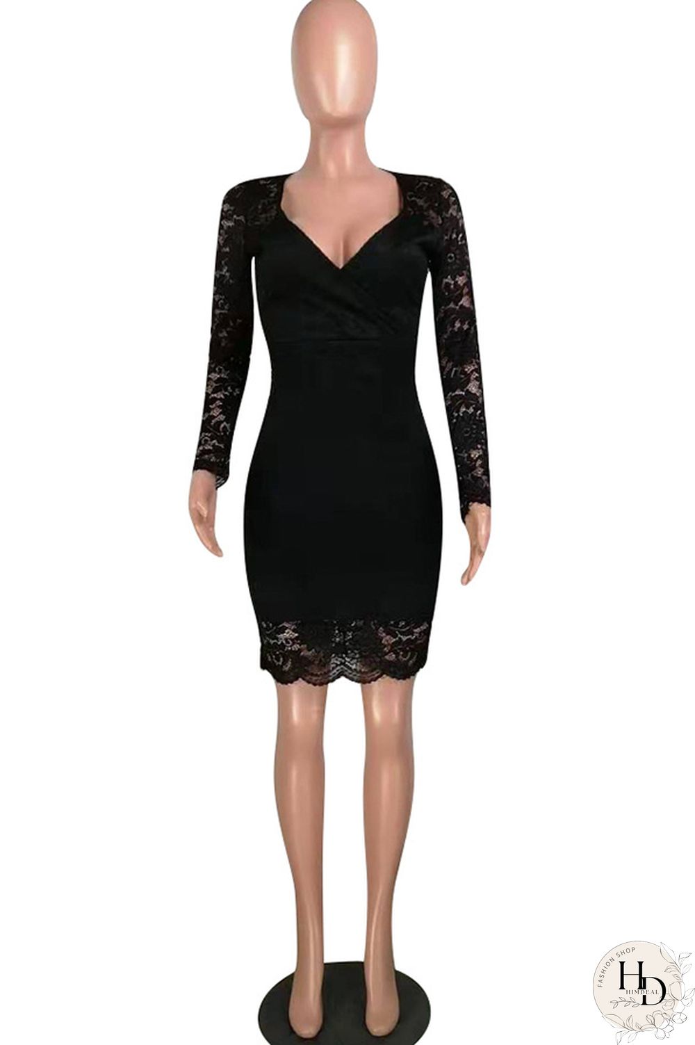 Red Lace Casual Cap Sleeve Long Sleeves V Neck Step Skirt Knee-Length lace Solid Patchwork Broken flower