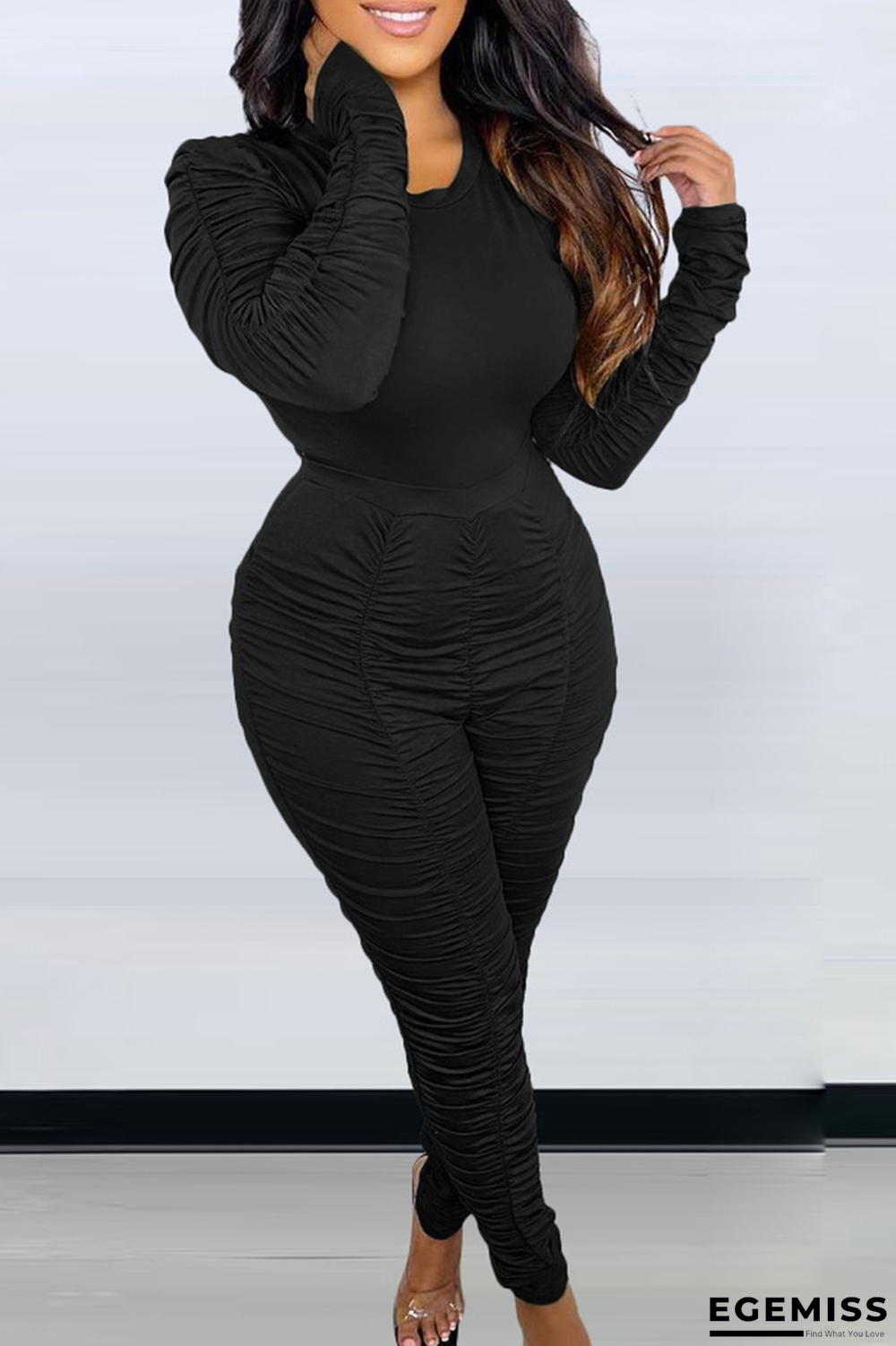 Black Casual Solid Fold O Neck Long Sleeve Two Pieces | EGEMISS