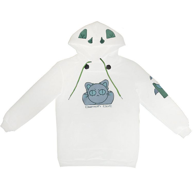Demon Cat Print Loose Hooded Sweatshirt - Modakawa Modakawa