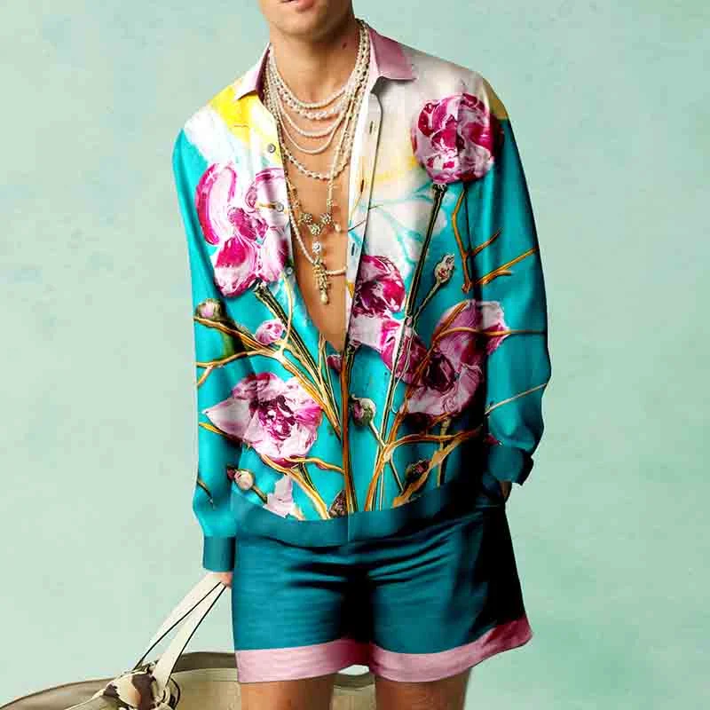 Contrast Color Art Flower Oil Painting Print Shirt And Shorts Co-Ord