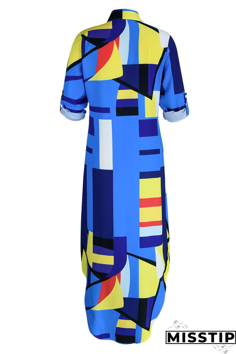Blue Casual Print Patchwork Buckle Turndown Collar Shirt Dress Dresses
