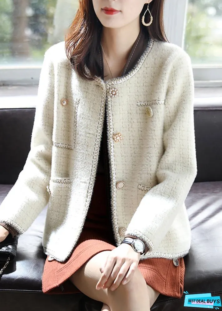 Women Beige O-Neck Plaid Cotton Coats Spring