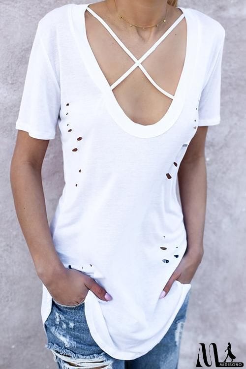 MidiSono - Cross Hollow Short sleeve T Shirt