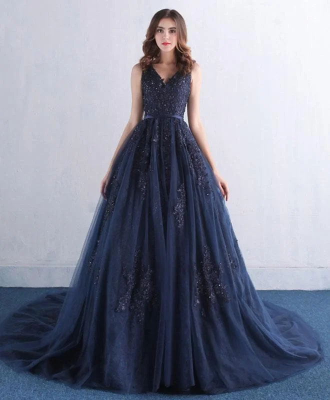 Dark Blue V Neck Tulle Lace Long Prom Dress, Blue Evening Dress