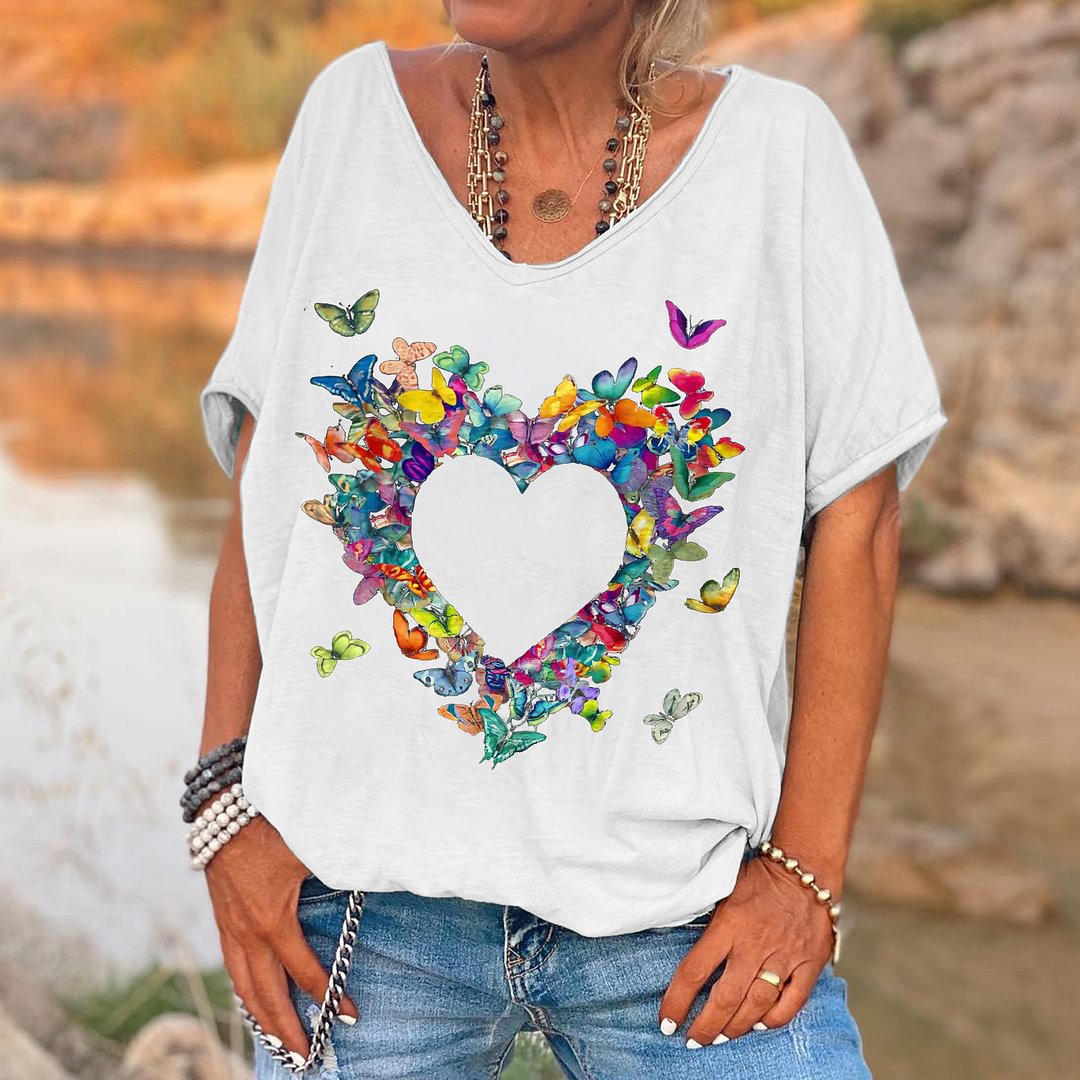 Colorful Butterflies Heart Printed Women's T-shirt