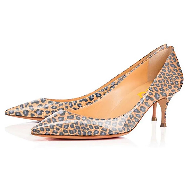 Women's Orange Kitten-heel Leopard Print Heels Pumps |FSJ Shoes