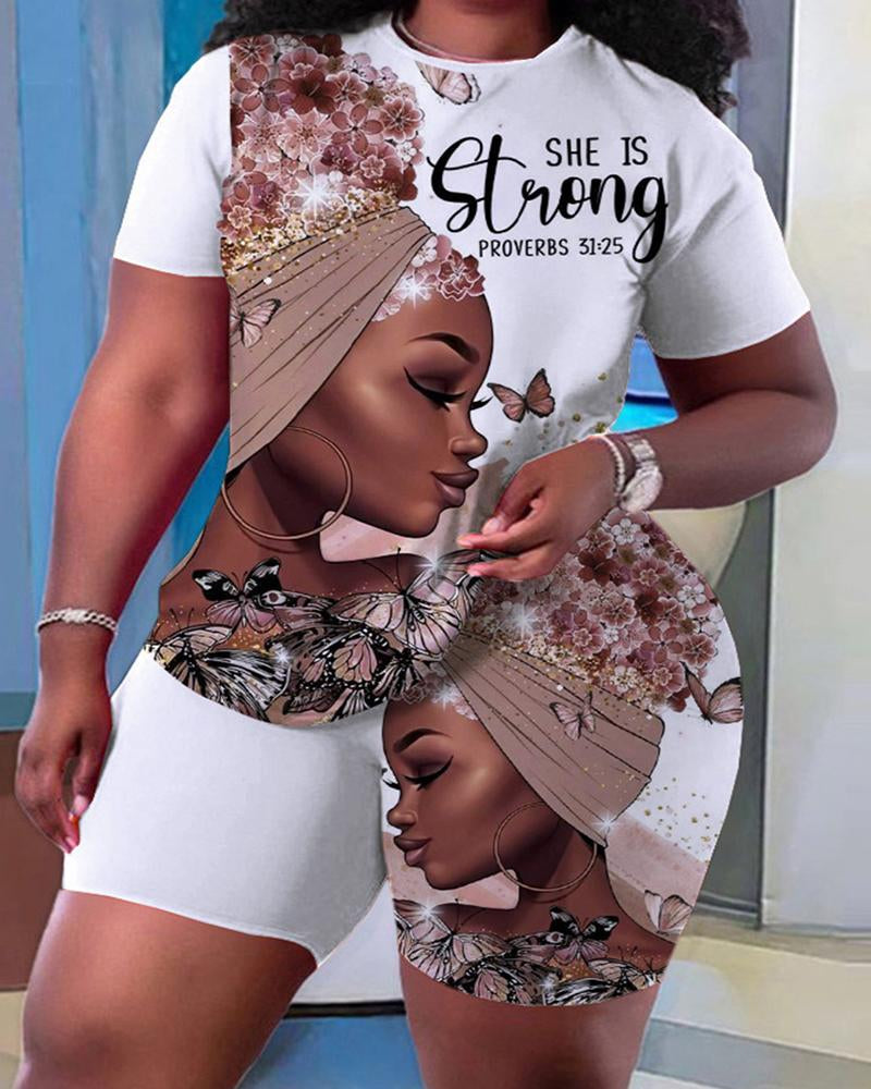 Black Girl Letter Printed Short Sleeved T-shirt Shorts Women's Set