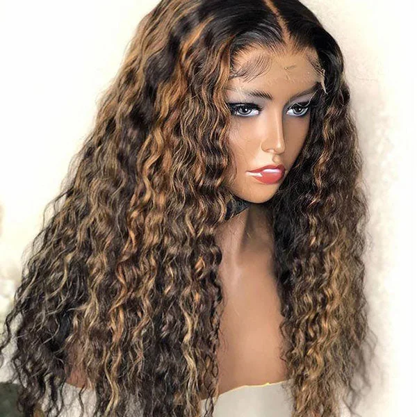 Junoda Balayage Mix Color Highlight Water Wave Wig 4/27 Transparent Lace Human Hair Wigs