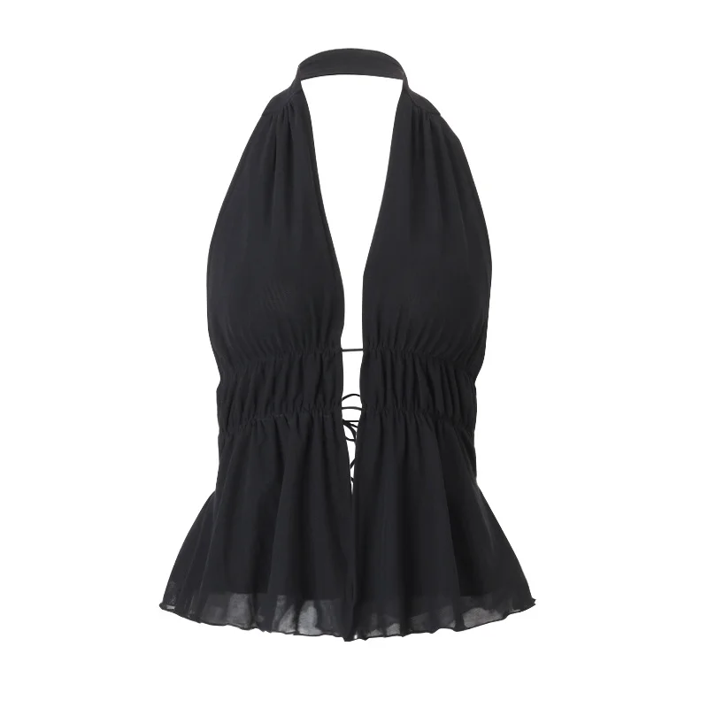 Brownm Brownm Women's Wear 2024 Summer New Fashion Sexy Solid Color Back Strap Hollow Out Slim Neck Top