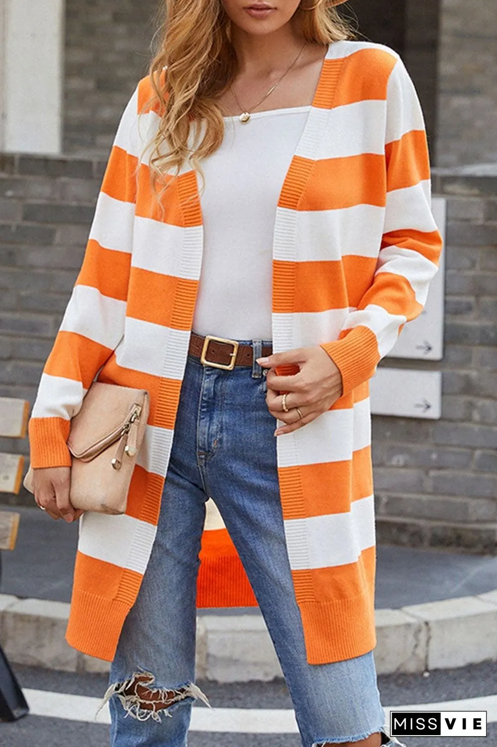 Fashion Casual Striped Split Joint V Neck Tops