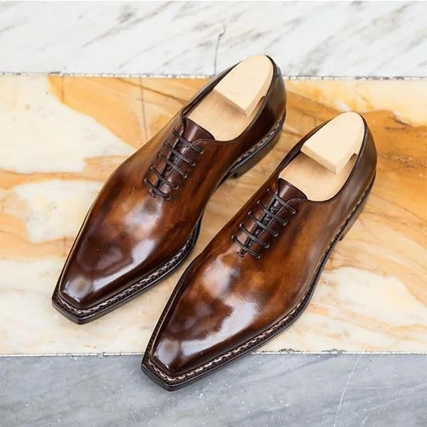 Bronze-color Effect Squared Toe Leather Shoes Classic Derby Shoes | EGEMISS