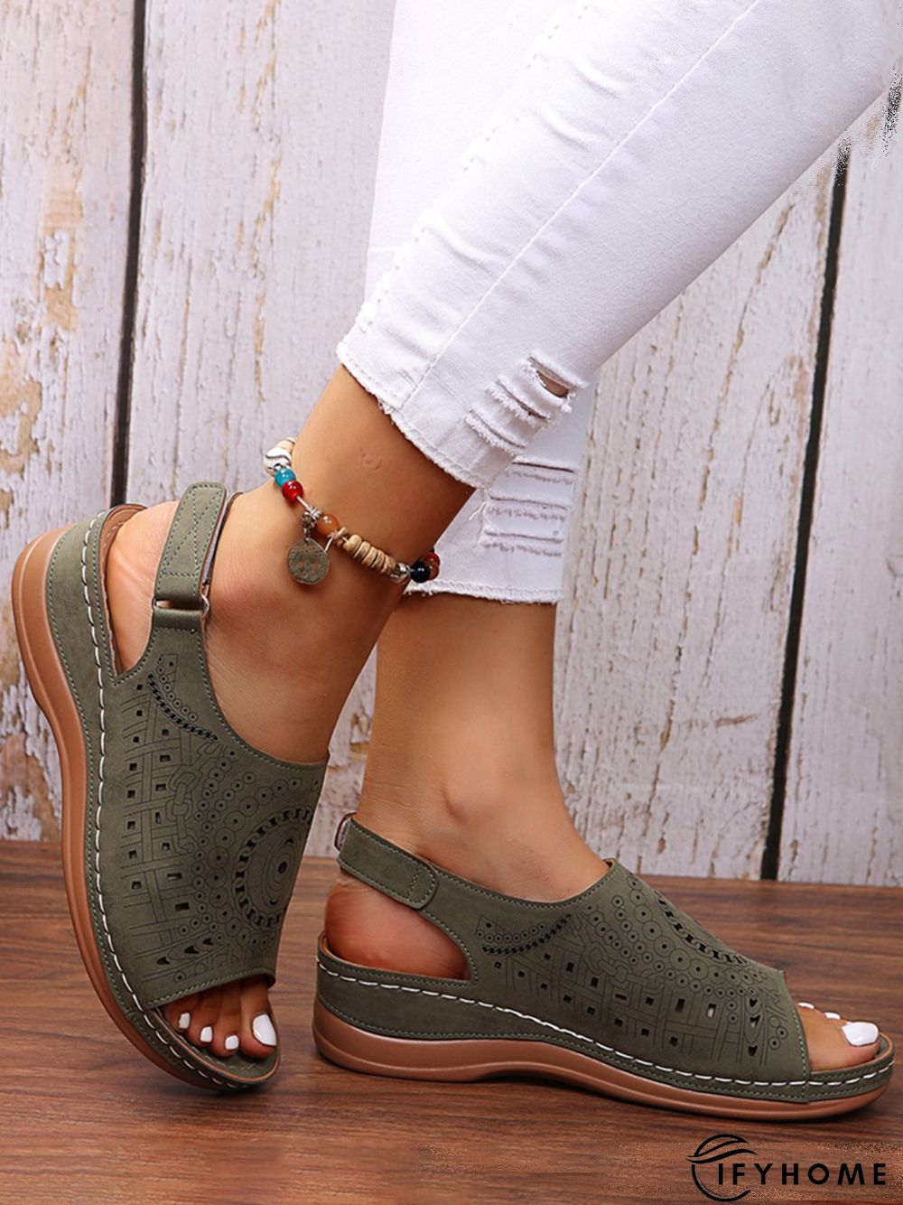 Ethnic Pattern Punched Hollow Velcro Vintage Sandals | IFYHOME