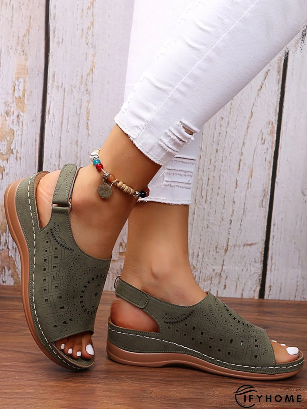 Ethnic Pattern Punched Hollow Velcro Vintage Sandals | IFYHOME