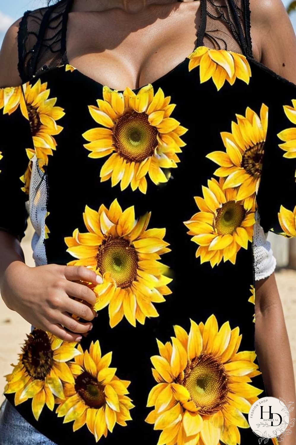 sunflower print off shoulder hollow wide shoulder strap t shirt
