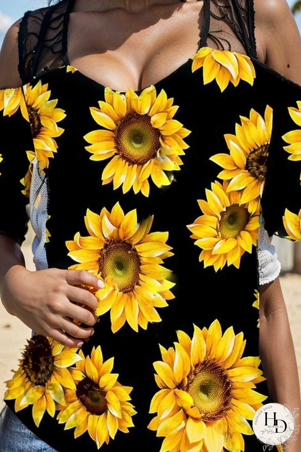 sunflower print off shoulder hollow wide shoulder strap t shirt