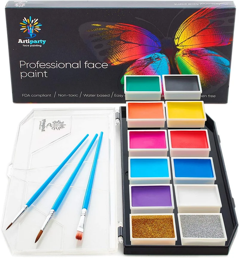 Bowitzki Professional Face Painting Kit for Kids Adults12 x 10gm Face Paint Set Stencil One Stroke Split Cakes Palette Non Toxic Rainbow Flora