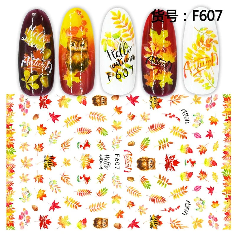 1pcs Fall Maple Leaves Nail Stickers 3D Yellow Gold Fall DIY Sliders Nail Art Decoration Autumn  Adhesive Manicure Nail Decals-Nail Inspo
