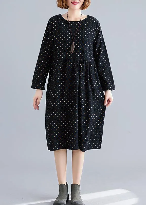 Handmade o neck Cinched Cotton spring Tunics pattern black dotted Dress