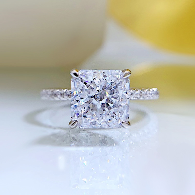 MIKAMU Jewelry Luxurious S925 Silver Ring with 8*8 Radiant Ice Flower Cut High Carbon Diamond - Deluxe Inlaid Lavish Ring for Women - Ideal for Wedding and Birthday Gifts