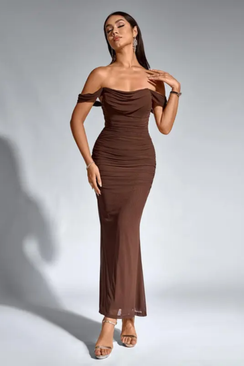  Chic Brown Off-Shoulders Prom Dress Ankle Length with Pleated - Ohprom 