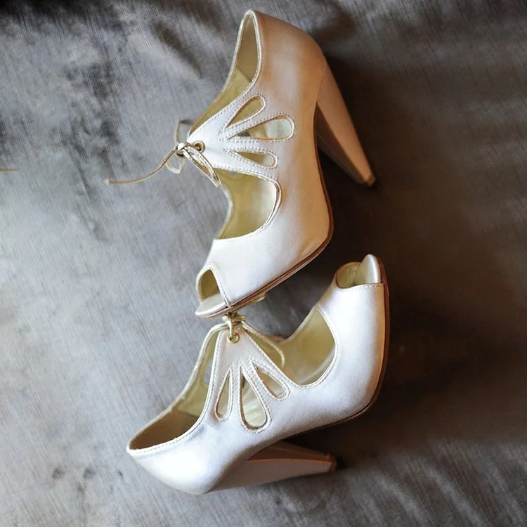 Women's White Peep Toe Hollow Out Lace Up Cone Heel Pumps Bridal Heels |FSJ Shoes