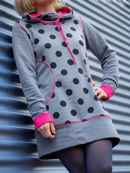Polka Dots Casual Hoodie Cotton-Blend Dresses