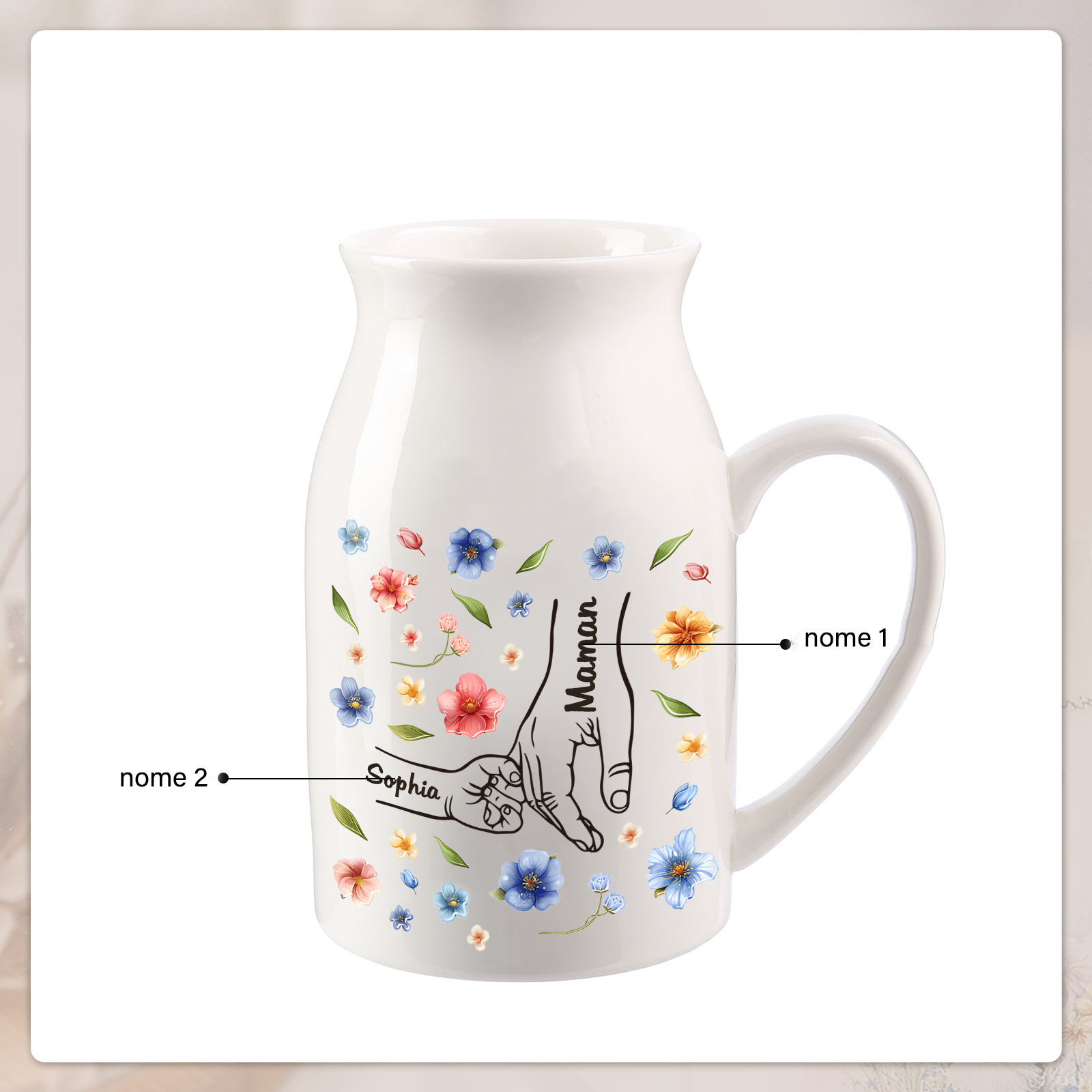 Vaso di ceramica con mano nella mano 2 nomi personalizzati per mamma/nonna