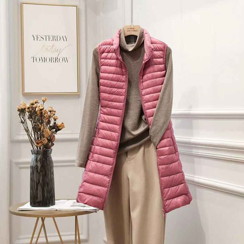 FTLZZ New Winter Women Ultra Light White Duck Down Jacket Zipper Medium Long Vest Stand Collar Outerwear 4XL Plus Size Down Coat