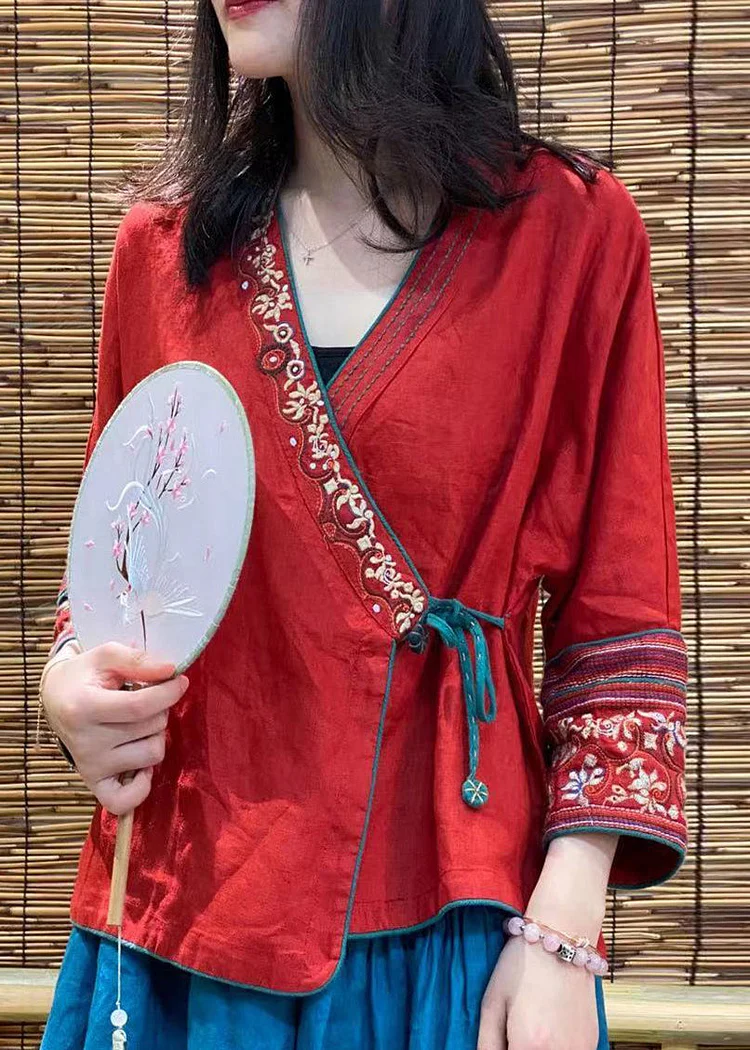 Red Embroideried Floral Tie Waist Linen Top Long Sleeve