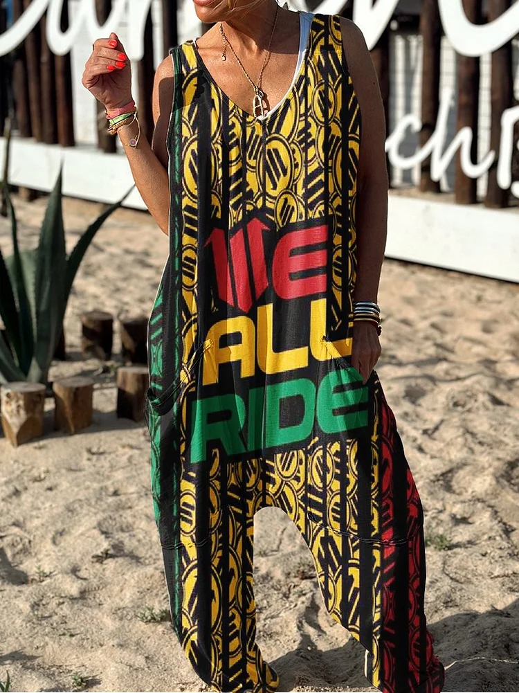 We All Ride Pattern Hippie Art Print Casual 100% Cotton Wide Leg Jumpsuit