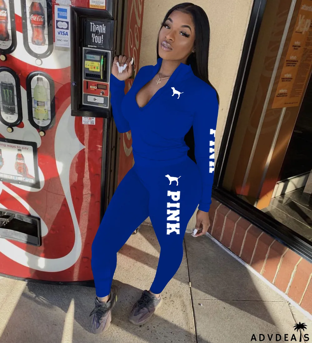 Pink Letter Print Long Sleeve Two Piece Sets