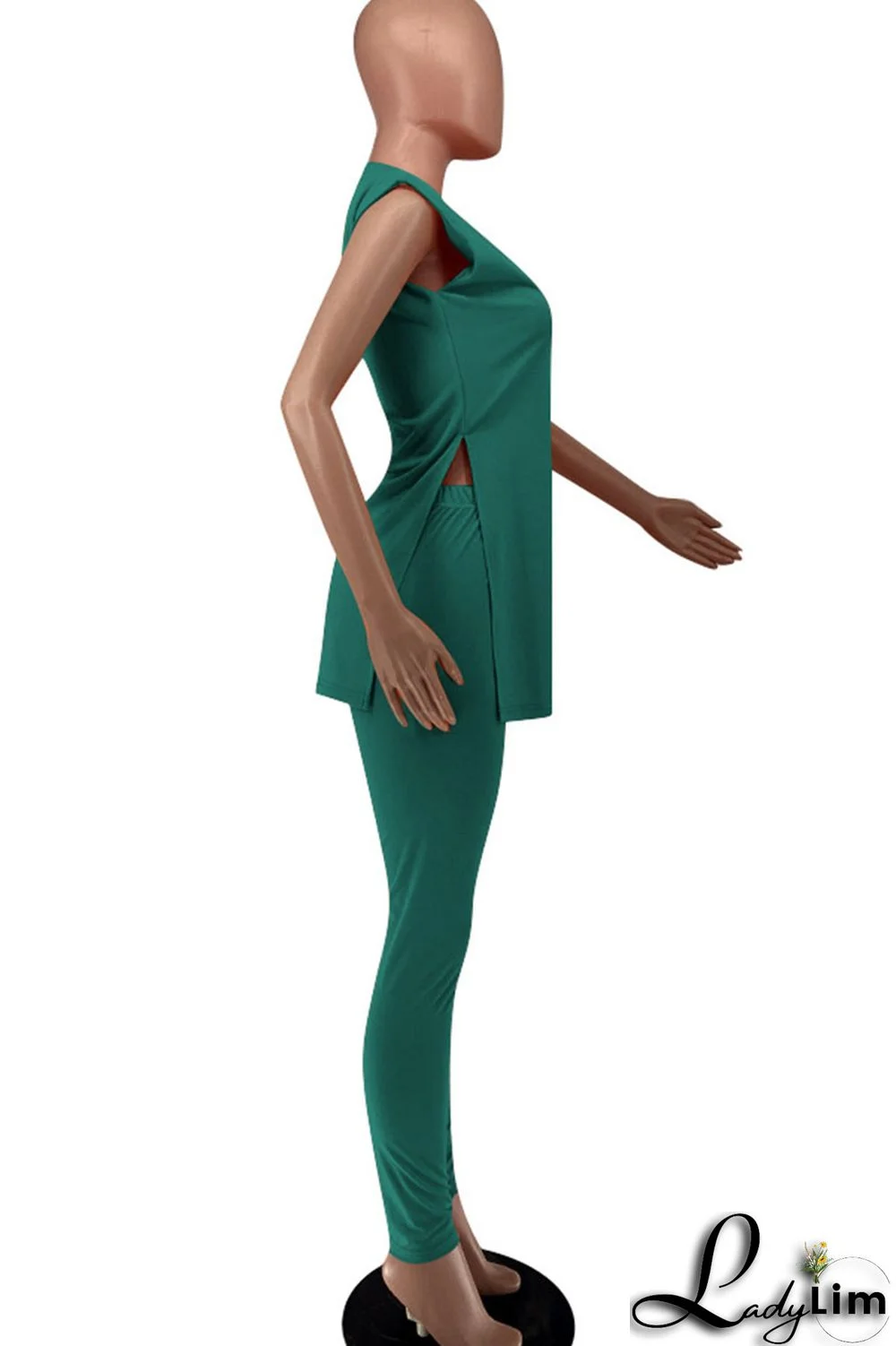 Green Sexy Print Split Joint Slit O Neck Sleeveless Two Pieces