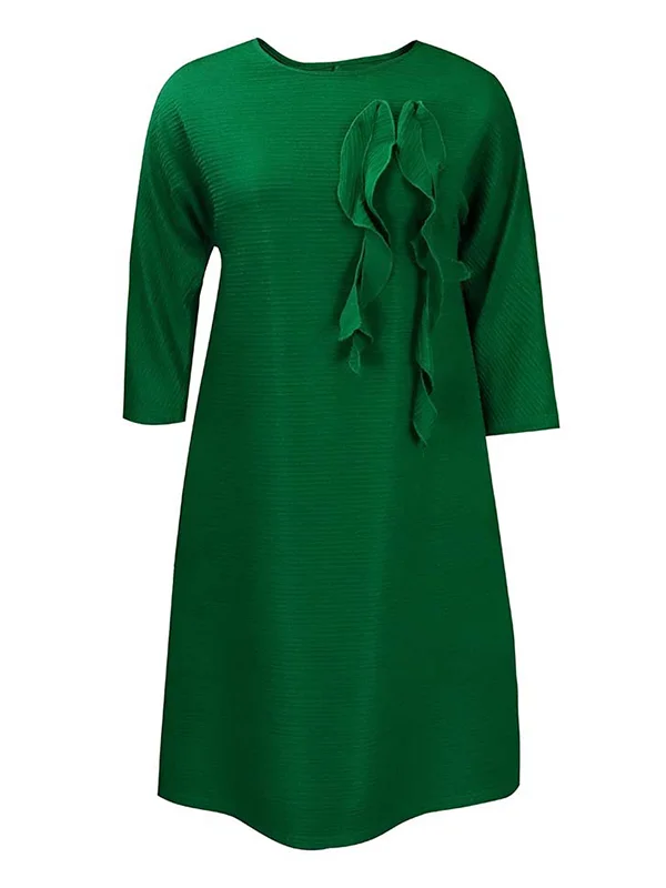 Vacation Long Sleeves A-Line Pleated Pure Color Round-Neck Midi Dresses
