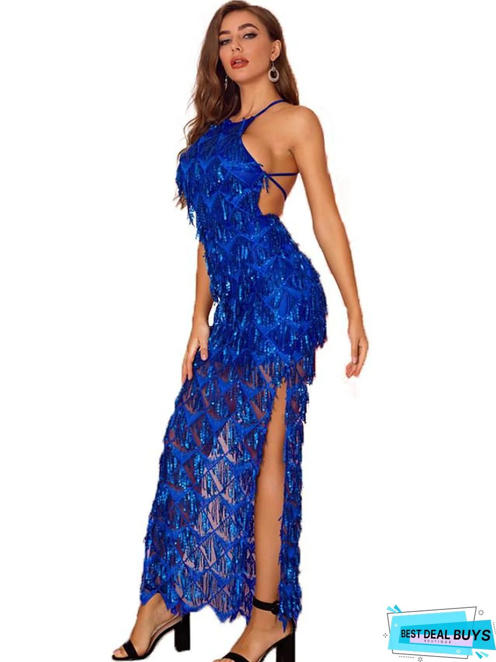 Women's A Line Dress Maxi Long Dress Black Blue Red Blushing Pink Sleeveless Solid Color Backless Sequins Summer Round Neck Elegant Sexy