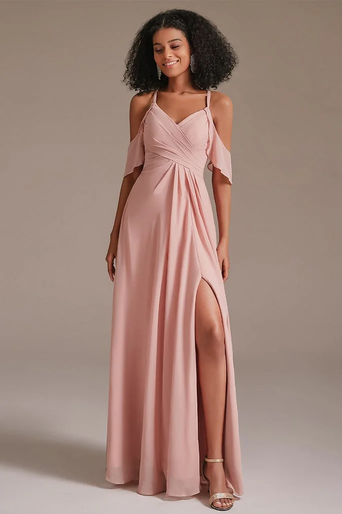 Daisda Chiffon Long  Pink Bridesmaid Dress Split