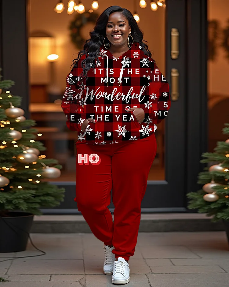 Women's Plus Size Merry Christmas Plaid Long Sleeve Hoodie and Casual Pants Set