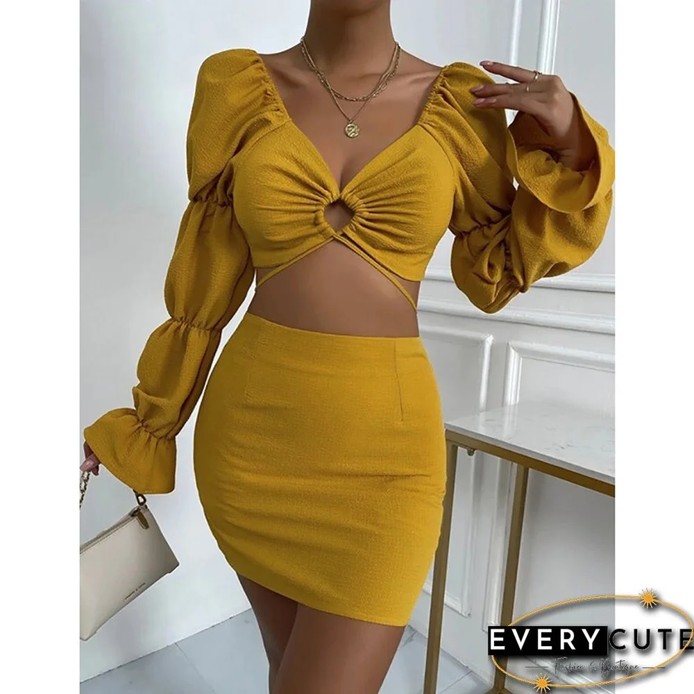 Yellow Hollow-out V Neck Crop Top and Skirts 2pcs Set
