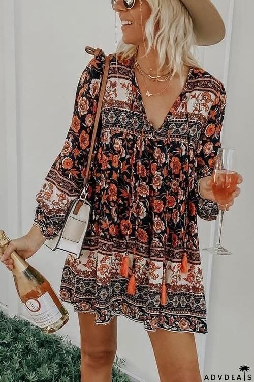 Floral Print Tassels Lace Up Long Sleeve Mini Dress